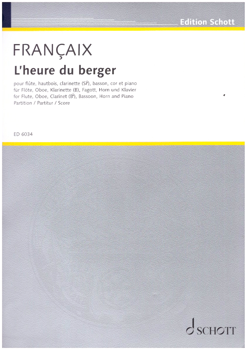 L heure du berger pour flute, hautbois, clarinette (sib), basson, cor (fa) et piano (score).